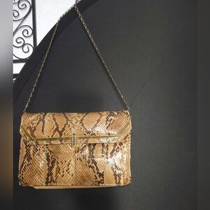 MARGOLIN Python Snake Skin Print Gold Chain Envelope Clutch Purse Pocketbook